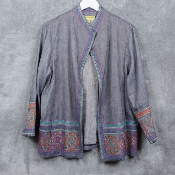 SIGRID OLSEN Linen Chambray Needlepoint Embroidered Jacket Colorful Sz L - Picture 1 of 5
